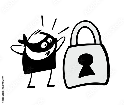 Virtual criminal has encountered an obstacle on the Internet. Vector illustration of a fraudster in a panic looking at a closed lock. Cyber security concept. Criminal situation online.
