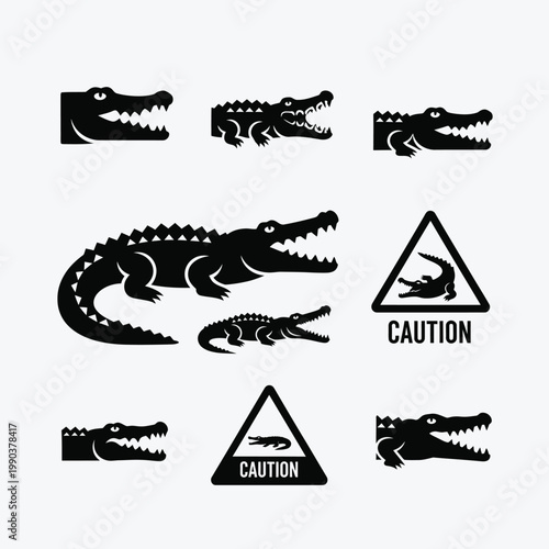 Black crocodile and caution signs on white background black silhouettes warning signs