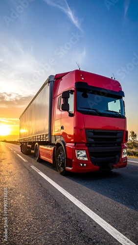 Red Semi Trailer Truck Driving On An Asphalt Highway At Sunset With Golden Light And Blue In A Scenic Landscape