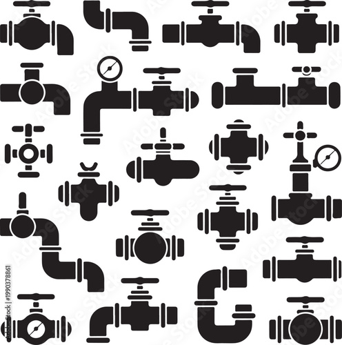 Steel pipe connector, fittings, valves, industrial plumbing for water and gas pipeline vector isolated icons. Pipeline industrial, valve steel connector illustration