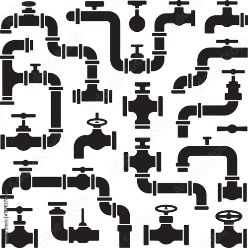 Steel pipe connector, fittings, valves, industrial plumbing for water and gas pipeline vector isolated icons. Pipeline industrial, valve steel connector illustration