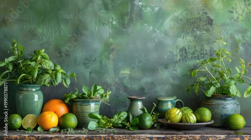 Fresh citrus and botanical still life in a sunlit lime green studio