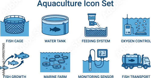 Aquaculture icon set featuring fish cage, water tank, feeding system, oxygen control, marine farm, monitoring sensor, and fish transport representing modern fish farming industry.
