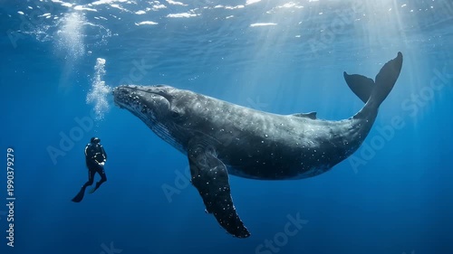 Scuba Diver Swimming with a Majestic Humpback Whale Underwater