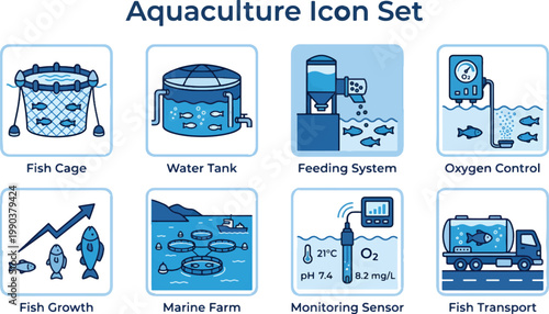 Aquaculture icon set featuring fish cage, water tank, feeding system, oxygen control, marine farm, monitoring sensor, and fish transport representing modern fish farming industry.

