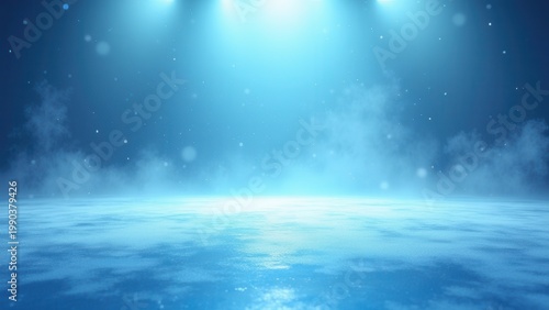 winter sport stage with blue ice floor mist snow and abstract lights 3d rendering