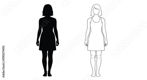 A stark visual comparison showcases a full body silhouette alongside a line art depiction of a woman