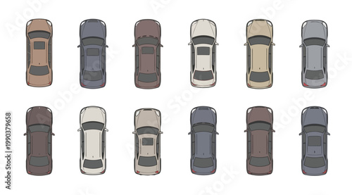 Collection of top view car icons in various colors