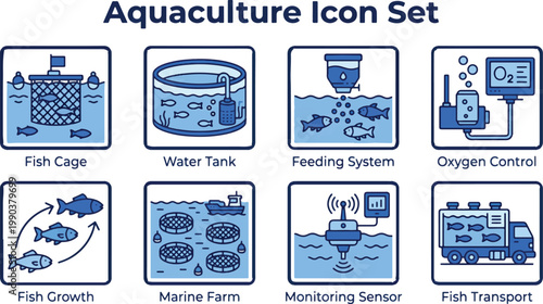 Aquaculture icon set featuring fish cage, water tank, feeding system, oxygen control, marine farm, monitoring sensor, and fish transport representing modern fish farming industry.
