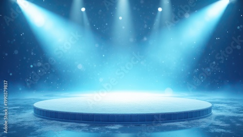 winter sport stage with blue ice floor mist snow and abstract lights 3d rendering