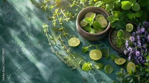 Fresh citrus and botanical still life in a sunlit lime green studio
