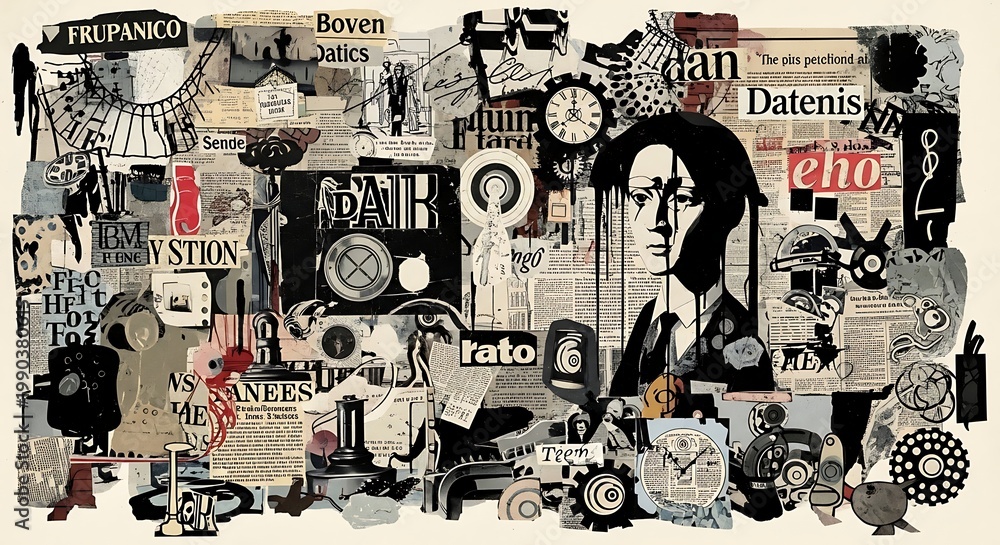 Fototapeta premium Collage of illustrations featuring gears and human figures in monochromatic design