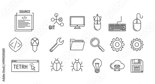 Collection of technology and programming icons and symbols.