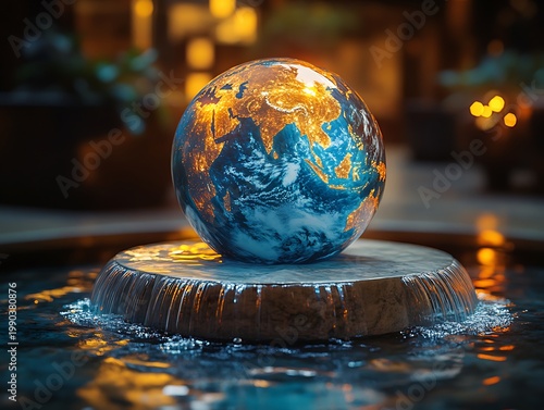 Illuminated Earth Globe on Fountain, Symbolizing Global Interconnection
