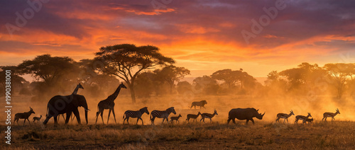 Epic Sunset Panorama of African Wildlife Savanna with Silhouettes of Elephant Giraffe Zebra and Rhino
