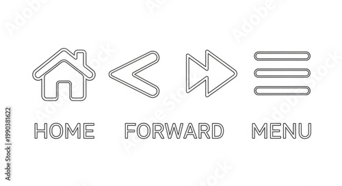 Set of four simple outline icons for home back forward and menu.
