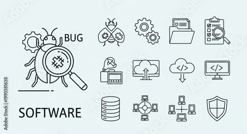 Software development icons for bug fixing and data management.