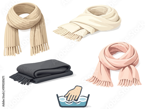 Print  Premium Woolen Mufflers Minimalist Vector Set Isolated on White Background, Soft Fabric Winter Scarves Collection for E-Commerce Design