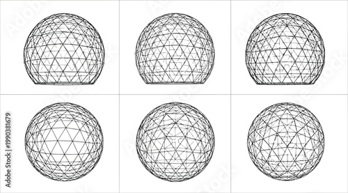 Set of 3d wireframe geodesic spheres