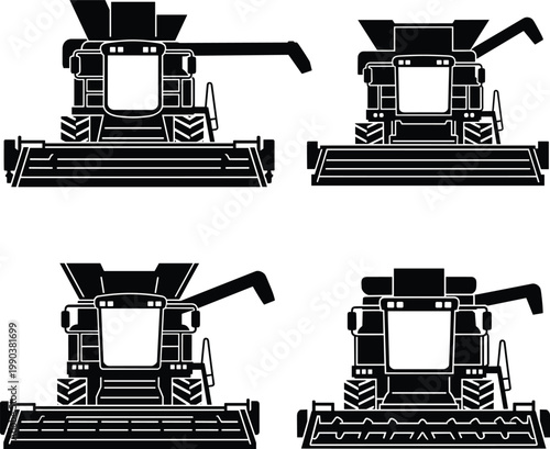 Black silhouette illustrations of combine harvesters viewed from front angles, symbolizing agriculture, farming machinery, crop harvesting, and rural equipment design