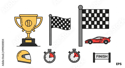 Racing Sports Trophy Helmet Stopwatch Finish Line Car Flags.