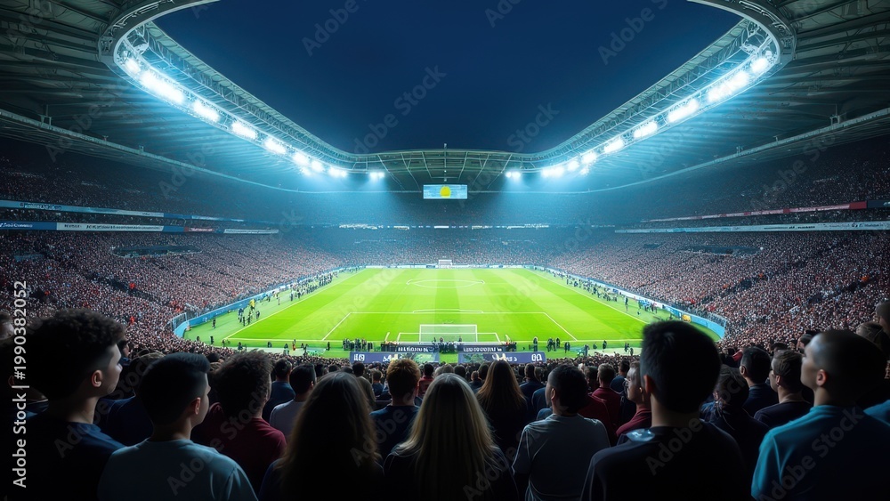 Fototapeta premium football stadium with full stands of fans waiting for night game atmosphere