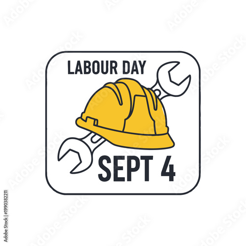 A graphic illustration of a Labour Day logo with a hard hat and wrench