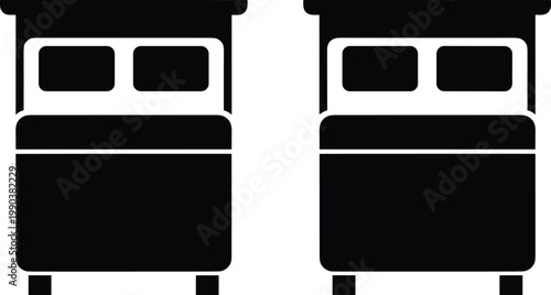 Minimalist black silhouette of two twin beds side by side with pillows and blankets, symbolizing hotel accommodation, sleeping arrangements, and travel comfort