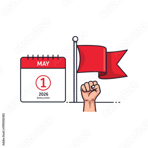 A cartoon illustration of a raised fist next to a calendar marking May 1st with a red flag