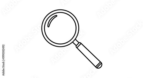 A simple black and white line drawing depicts a magnifying glass commonly used for detailed observation high quality