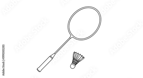 A simple black and white line drawing depicts a badminton racket and a shuttlecock showcasing sporting equipment
