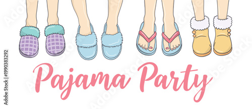 Pajama day slumber party sleeping doodle hand drawn card feet in cozy slippers and flip flops for festive invitation and social media use.