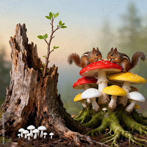 Red Squirrels with Colorful Mushrooms on Mossy Stump