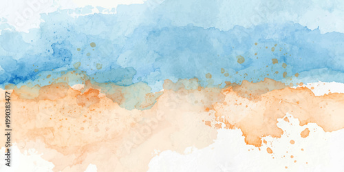 Hand painted abstract blue watercolor sky texture on vintage aged paper with an ancient grunge world map atlas design for a retro global wallpaper illustration