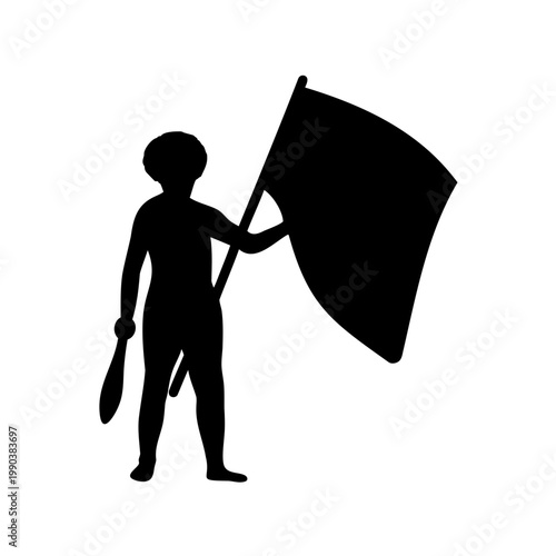 Black silhouette, protester icon, flag waving, activist symbol, vector illustration