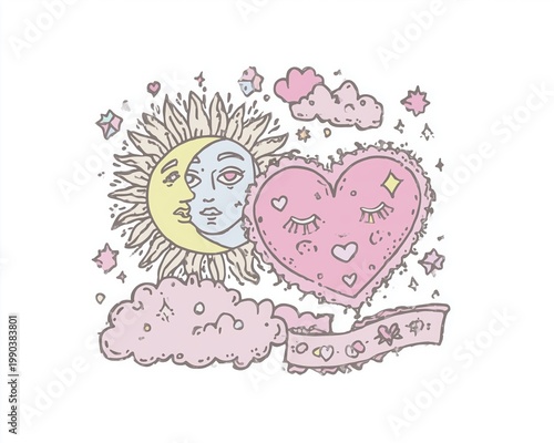 Cosmic Heart Landscape Illustration Sun Moon Love Unity Symbol Mystical Nature Dreamy Scene