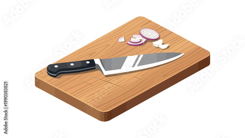 Isometric Chef Blade with Chopped Onion and Garlic on Chopping Block