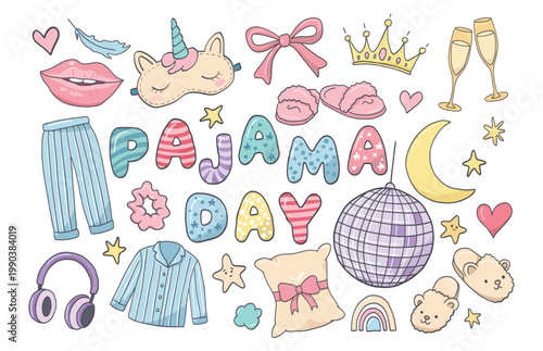 Pajama day slumber party sleeping doodle hand drawn icons with unicorn mask, disco ball, crowns, slippers and lettering for festive cartoon designs.