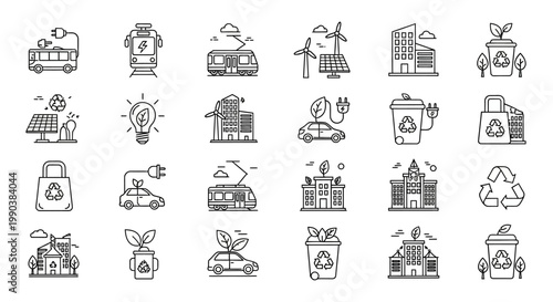 Collection of hand drawn eco friendly sustainable energy and recycling icons.
