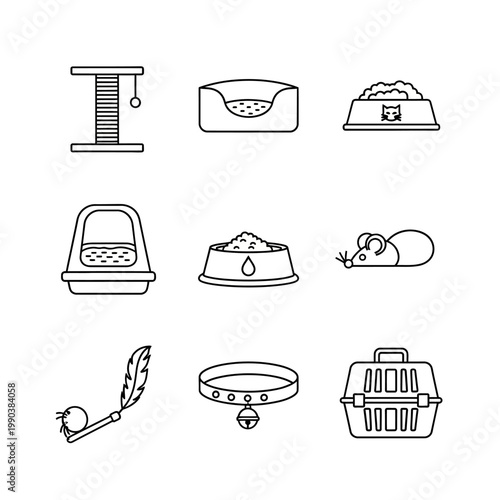 Cat care essentials vector icons of scratching post bed food litter box