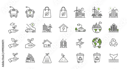 Collection of hand drawn eco friendly and sustainability icons.
