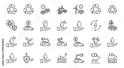 Set of environmental and sustainability outline icons for green energy.