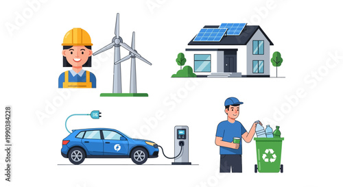 Set of illustrations depicting sustainable living and green energy concepts.