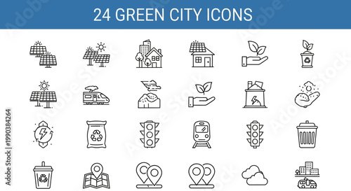 Set of 24 eco friendly green city line art icons.