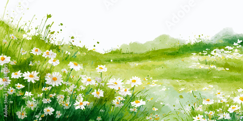 Green field landscape with grass meadows, distant mountains, and village scenery. Peaceful countryside view with hills, flowers, and natural summer background.