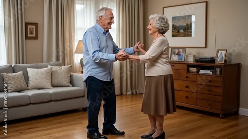 Happy senior couple dancing in their living room. Elderly people enjoying retirement. Love and companionship concept