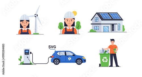Set of illustrations depicting eco friendly lifestyle and sustainable green energy technology.