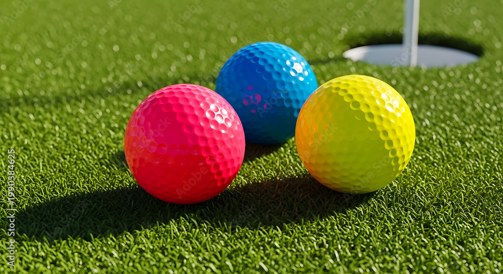 Naklejka premium Three Neon Golf Balls Pink Blue Yellow on Green Grass near Hole Sunny Day