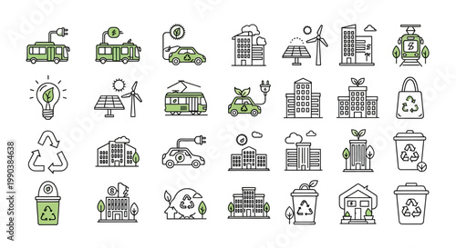 Set of hand drawn eco friendly sustainable living icons.