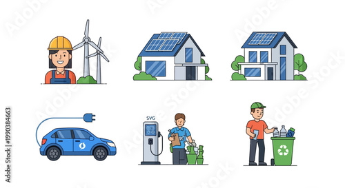 Set of sustainability and green energy icons featuring eco-friendly technologies and lifestyles.